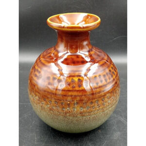 Vtg Rare Earth Tones‎ Stoneware Pottery Flower Bud Vase Glazed Green & Brown